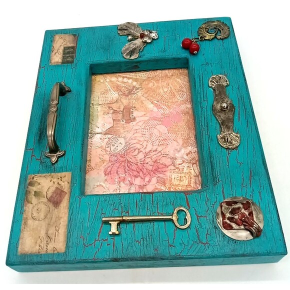 Unique Wooden Junk Art Frame Turquoise Crackle Paint Travel Theme Print Picture - Picture 5 of 8